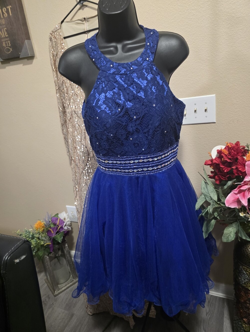 Christy Royal Blue Lace Halter Tulle Party Dress